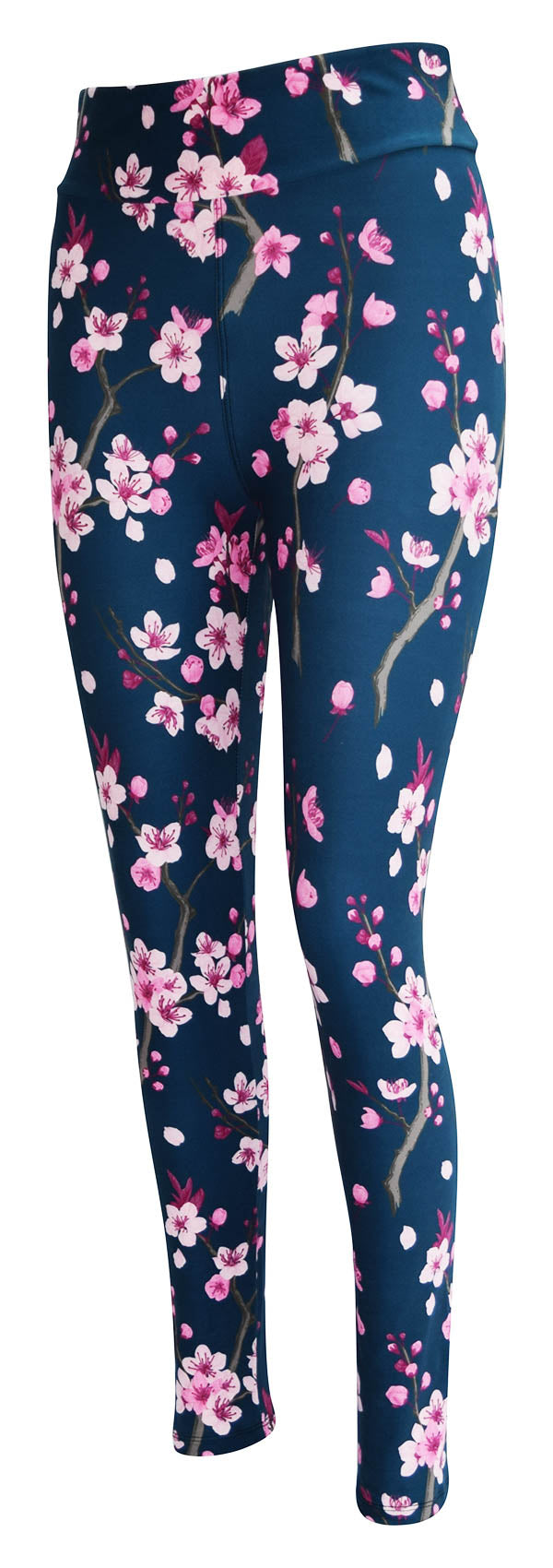 Kids leggings with pink cherry blossom print on dark blue background Cherry Blossom Kids
