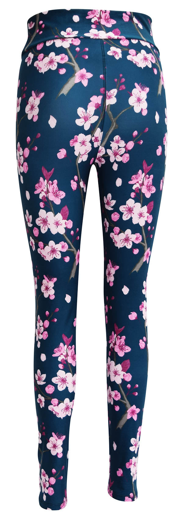 Kids leggings with pink cherry blossom design on dark blue background