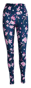 Dark blue leggings with pink cherry blossom print and deep side pockets for keys and phone