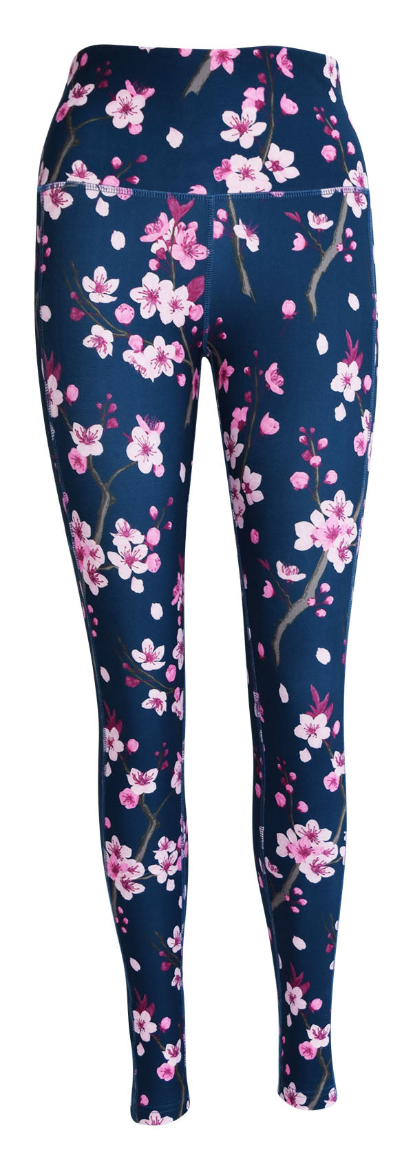 Dark blue leggings with pink cherry blossom print and deep side pockets for keys and phone
