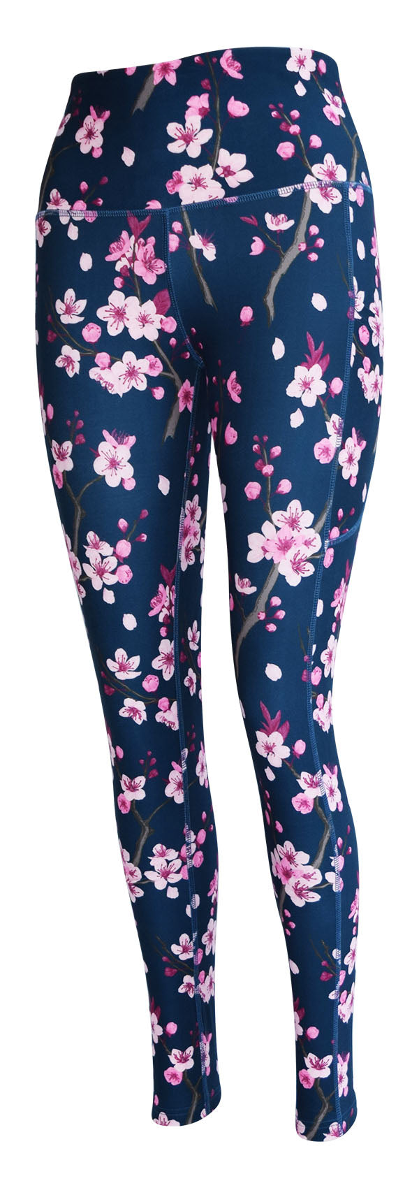 Women's navy leggings with pink cherry blossom print and side pockets