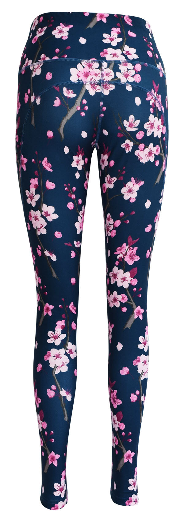 Dark blue leggings with pink cherry blossom print and deep side pockets