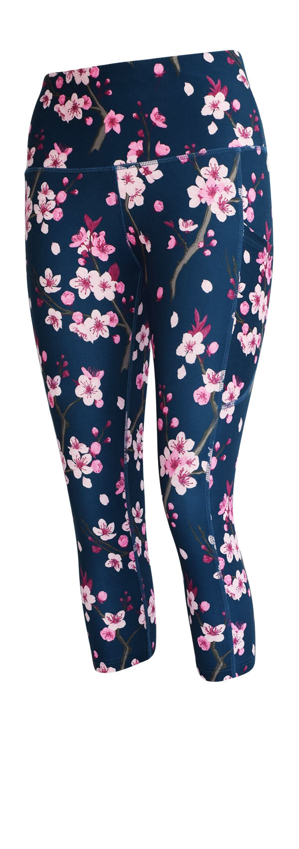 Dark blue leggings with pink cherry blossom print and deep side pockets