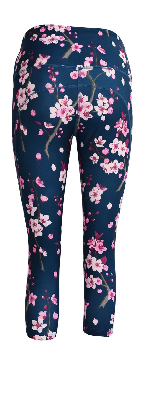 Leggings with pink cherry blossom pattern on dark blue background and deep side pockets