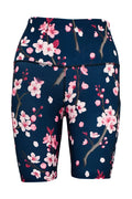 Dark blue cherry blossom shorts with pink floral print and deep side pockets