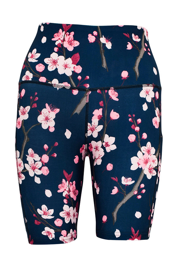 Dark blue cherry blossom shorts with pink floral print and deep side pockets