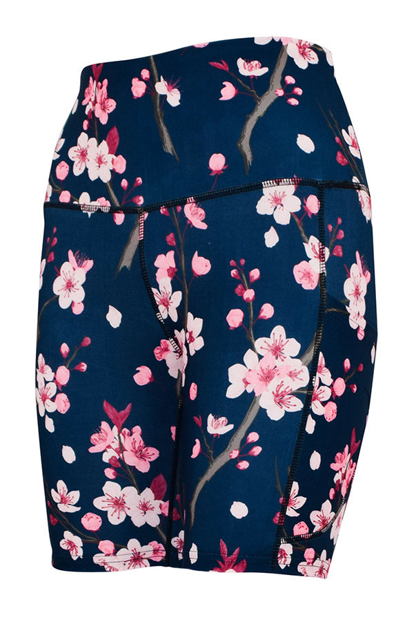 Dark blue cherry blossom shorts with deep side pockets and extra stitching for structure