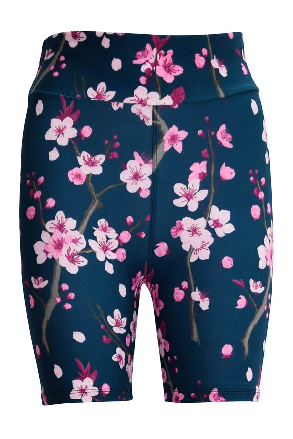 Tight shorts with cherry blossom floral print in navy blue, featuring elastic waistband and stretchy fabric for a comfortable, flattering fit.