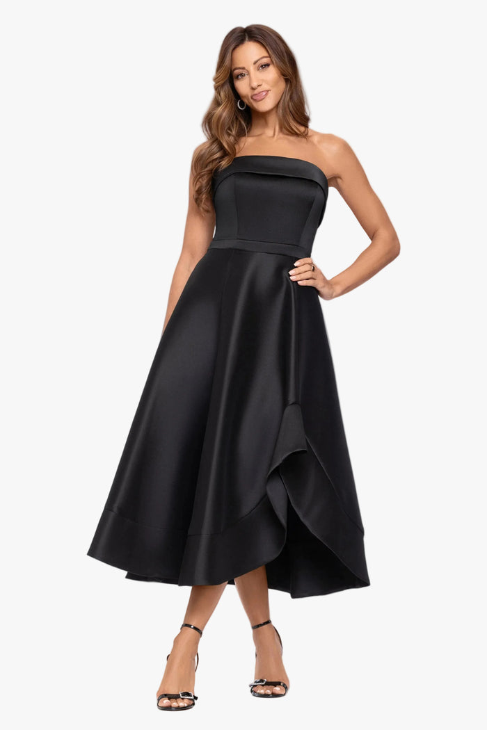 "Claire" Stretch Mikado Strapless Midi Dress