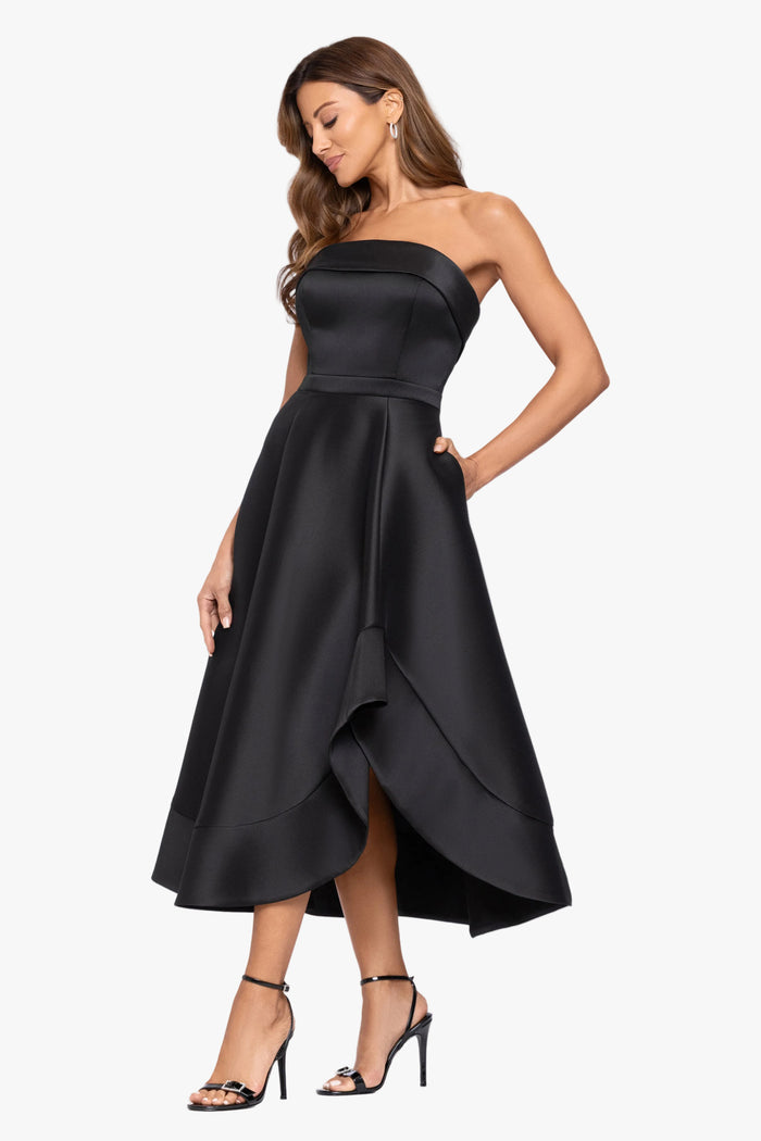 "Claire" Stretch Mikado Strapless Midi Dress