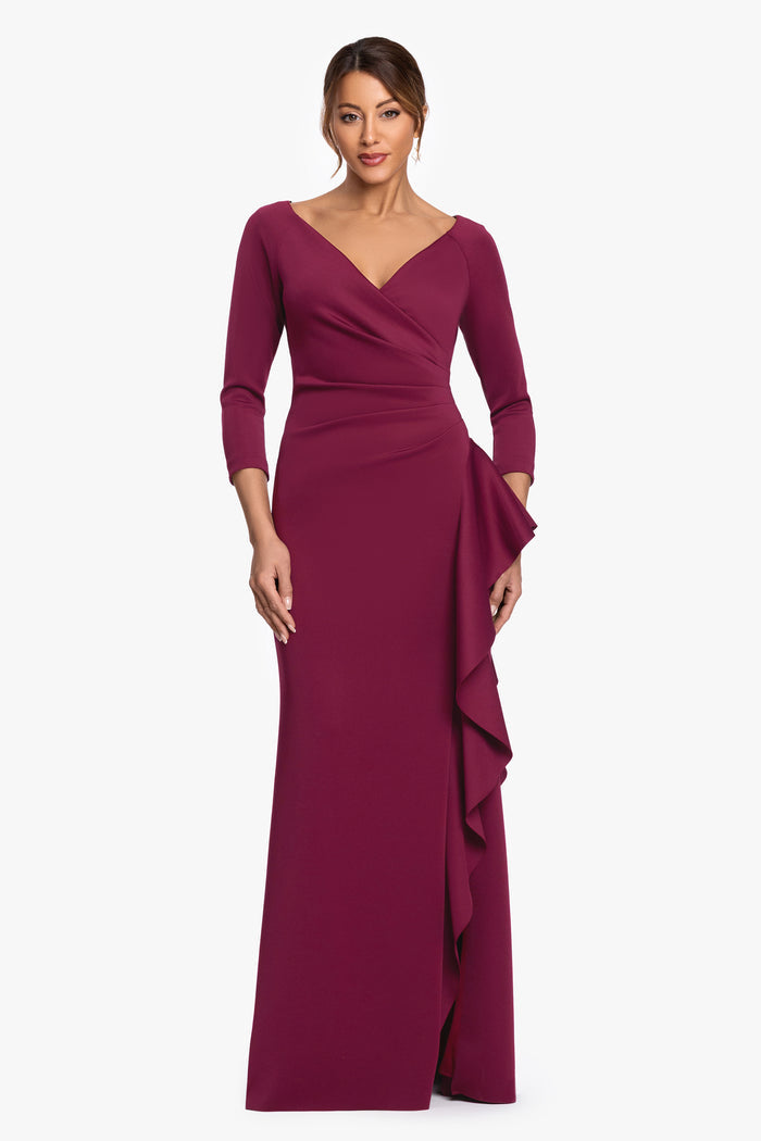 Wine “Clarissa” Techno Scuba Long Sleeve Ruffle Dress, front view