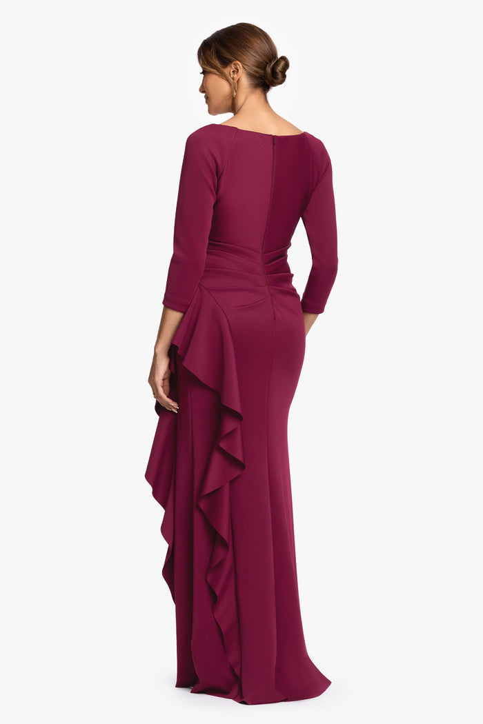 Wine “Clarissa” Techno Scuba Long Sleeve Ruffle Dress, back view