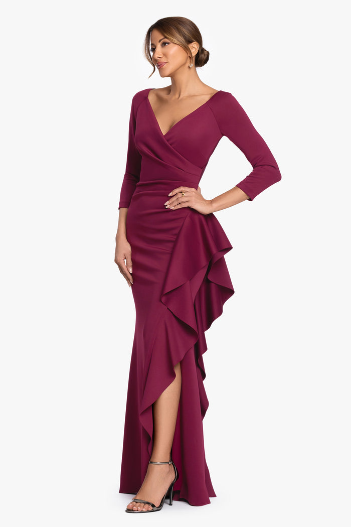 Wine “Clarissa” Techno Scuba Long Sleeve Ruffle Dress, alternate front view with cascading ruffle and side slit