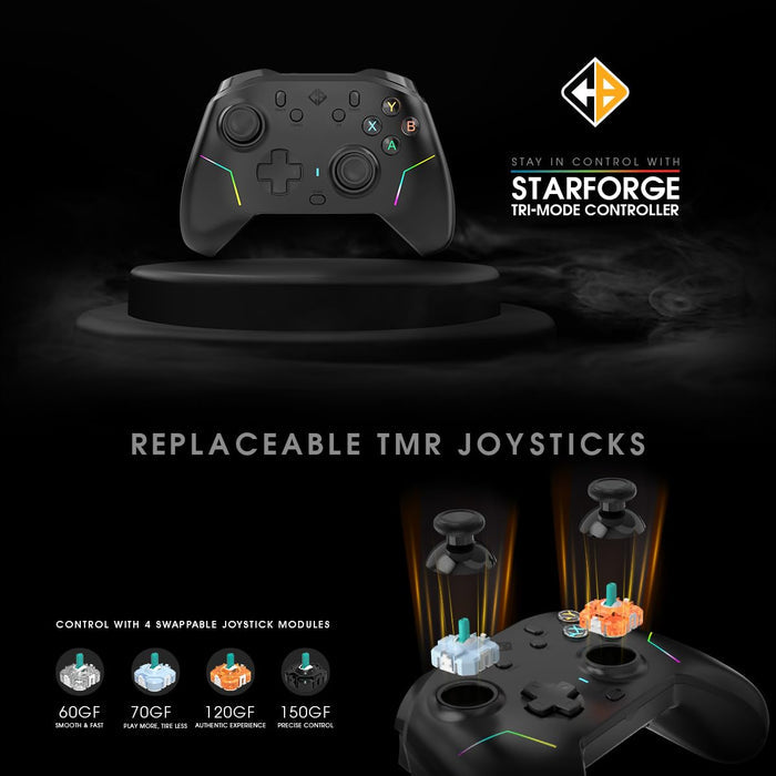 Cosmic Byte Starforge Tri-Mode Controller | Optical Triggers with Trigger Locks | TMR Replaceable Joysticks | Impulse Trigger Feedback | HD Voice Coil Vibration | Macro Back Buttons | RGB & Tri-Mode Connectivity - Unboxify
