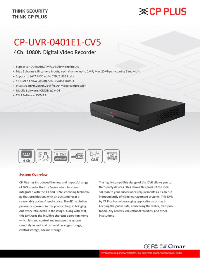 CP Plus 4 Channel DVR 1080N Digital Video Recorder CP-UVR-0401E1-CV5, Upto 2.4 MP Cameras Compatible, Black