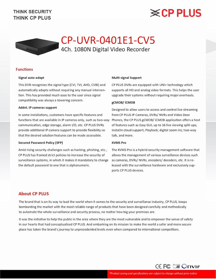 CP Plus 4 Channel DVR 1080N Digital Video Recorder CP-UVR-0401E1-CV5, Upto 2.4 MP Cameras Compatible, Black