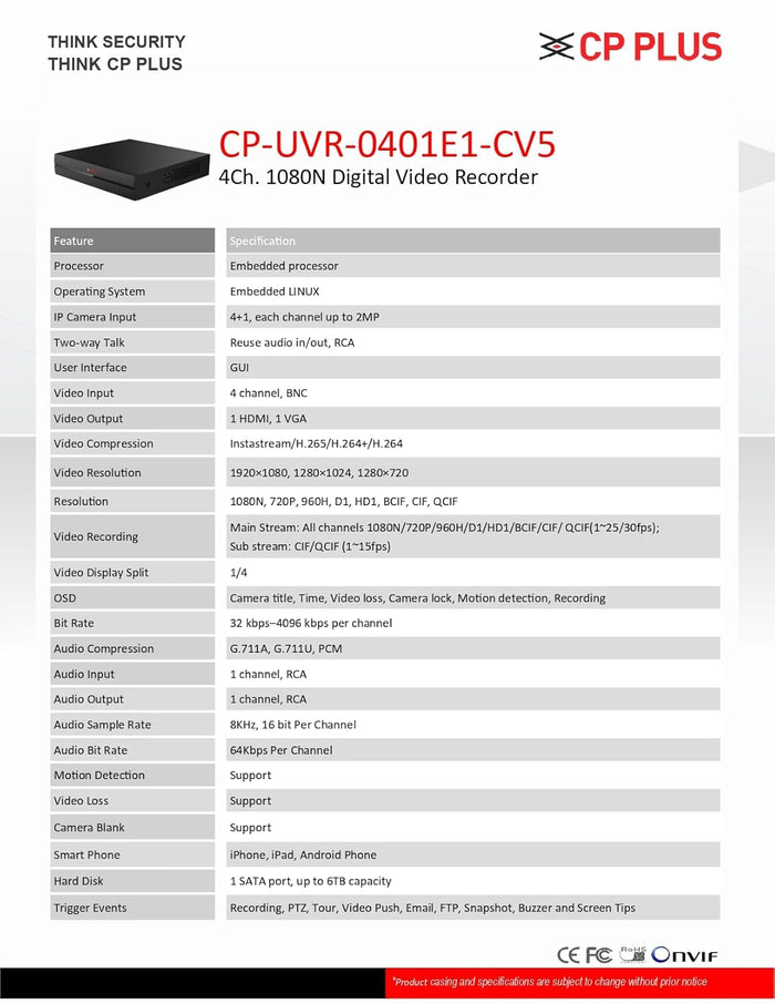 CP Plus 4 Channel DVR 1080N Digital Video Recorder CP-UVR-0401E1-CV5, Upto 2.4 MP Cameras Compatible, Black