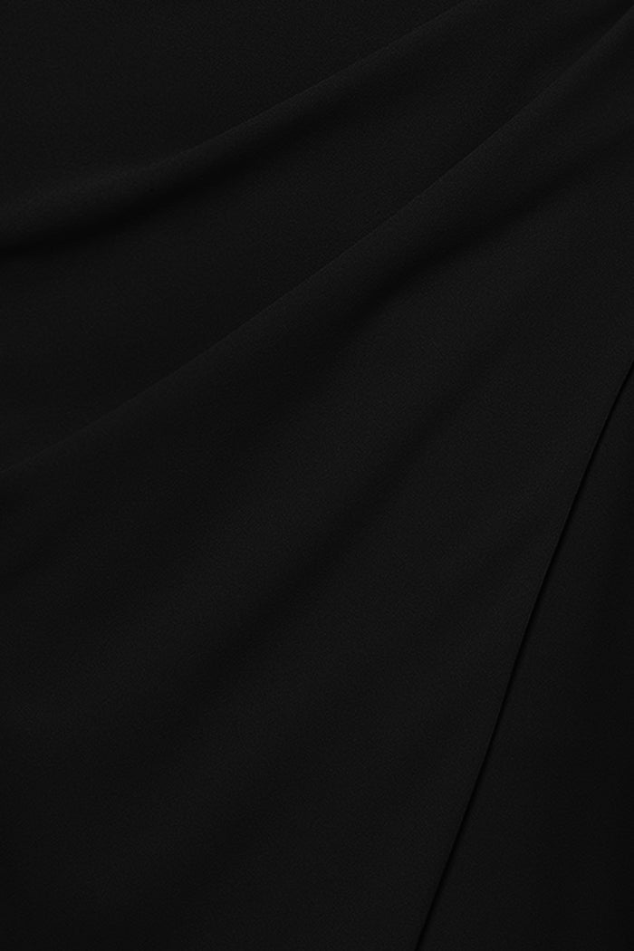 Black “Dakota” Scuba Crepe One Shoulder Ruched Short Dress, scuba crepe fabric and ruching detail