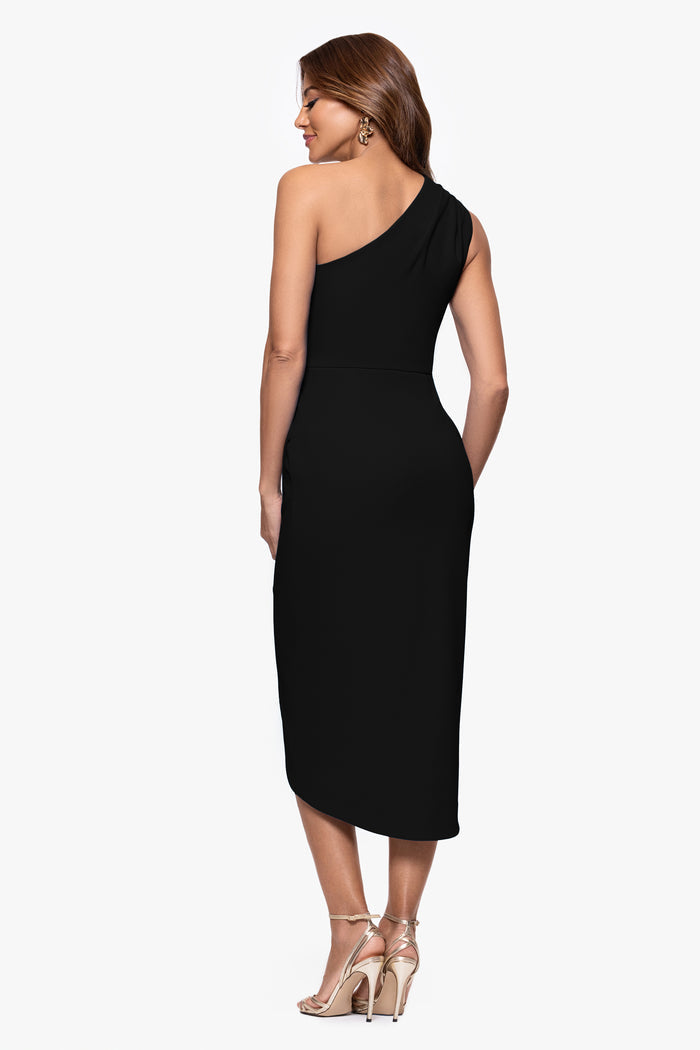 Black “Dakota” Scuba Crepe One Shoulder Ruched Short Dress, back view