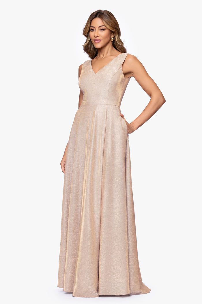 Blush/Silver “Dawn” Galaxy Knit V-Neck Dress, angled three-quarter view