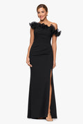 Black “Delilah” Scuba Crepe Drop Shoulder Chiffon Ruffle Dress, front view