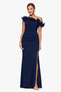 Navy “Delilah” Scuba Crepe Drop Shoulder Chiffon Ruffle Dress, front view