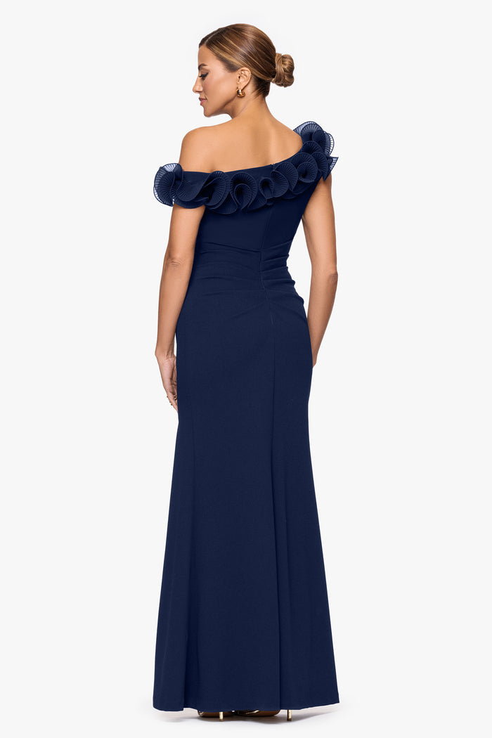 Navy “Delilah” Scuba Crepe Drop Shoulder Chiffon Ruffle Dress, back view