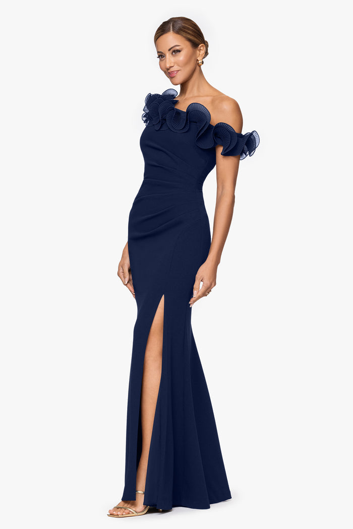 Navy “Delilah” Scuba Crepe Drop Shoulder Chiffon Ruffle Dress, angled three-quarter view with side slit