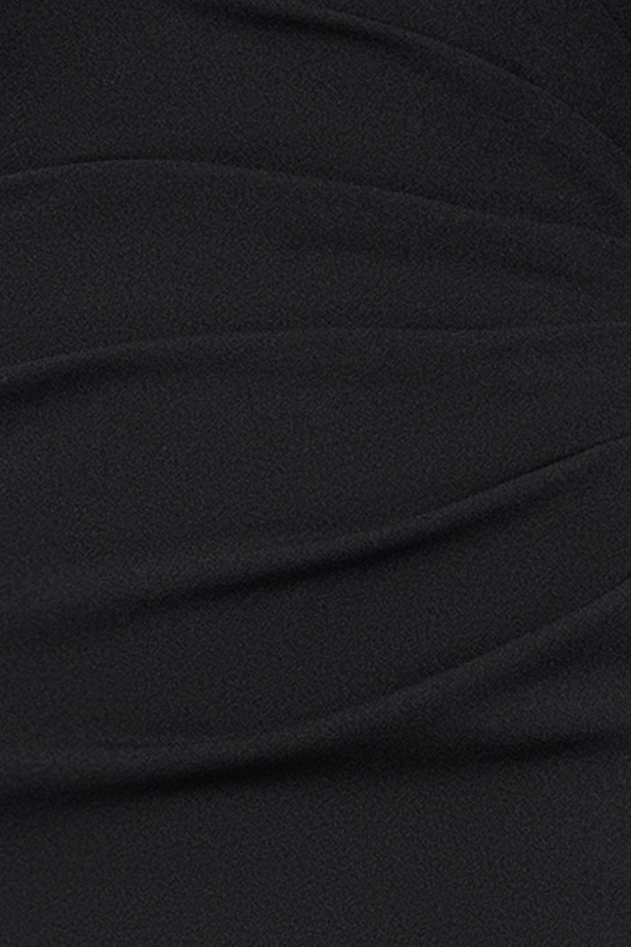 Black “Delilah” Scuba Crepe Drop Shoulder Chiffon Ruffle Dress, scuba crepe fabric detail