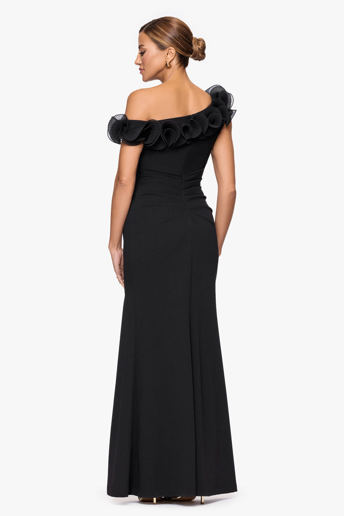 Black “Delilah” Scuba Crepe Drop Shoulder Chiffon Ruffle Dress, back view