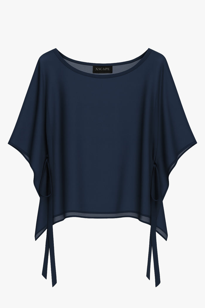 Navy “Demi” Chiffon Pullover Shawl Wrap, product-only front view with side ties