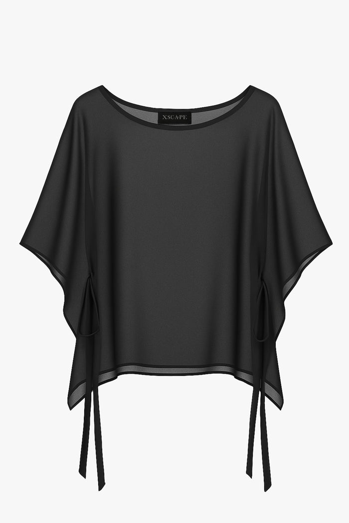 Black “Demi” Chiffon Pullover Shawl Wrap, product-only front view with side ties