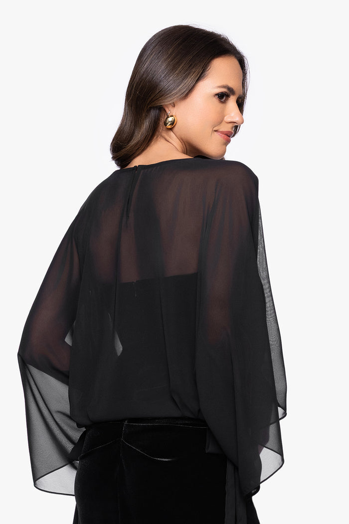 Black “Demi” Chiffon Pullover Shawl Wrap, back view