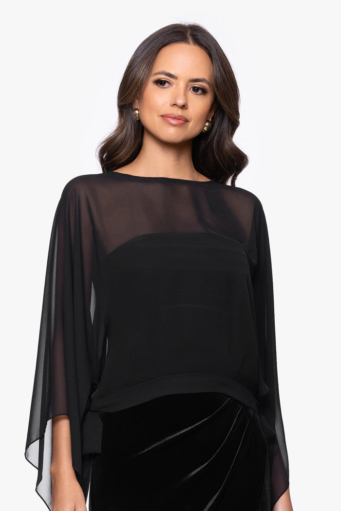 Black “Demi” Chiffon Pullover Shawl Wrap, alternate front view