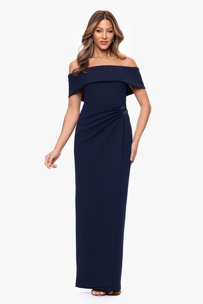 Navy “Devon” Scuba Crepe Off The Shoulder Gold Detail Waist Dress, front view