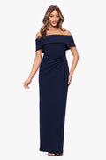 Navy “Devon” Scuba Crepe Off The Shoulder Gold Detail Waist Dress, front view