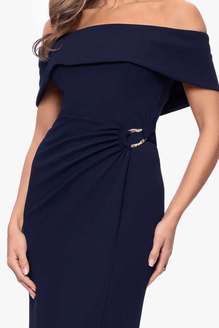 Navy “Devon” Scuba Crepe Off The Shoulder Gold Detail Waist Dress, off-the-shoulder neckline and gold waist detail