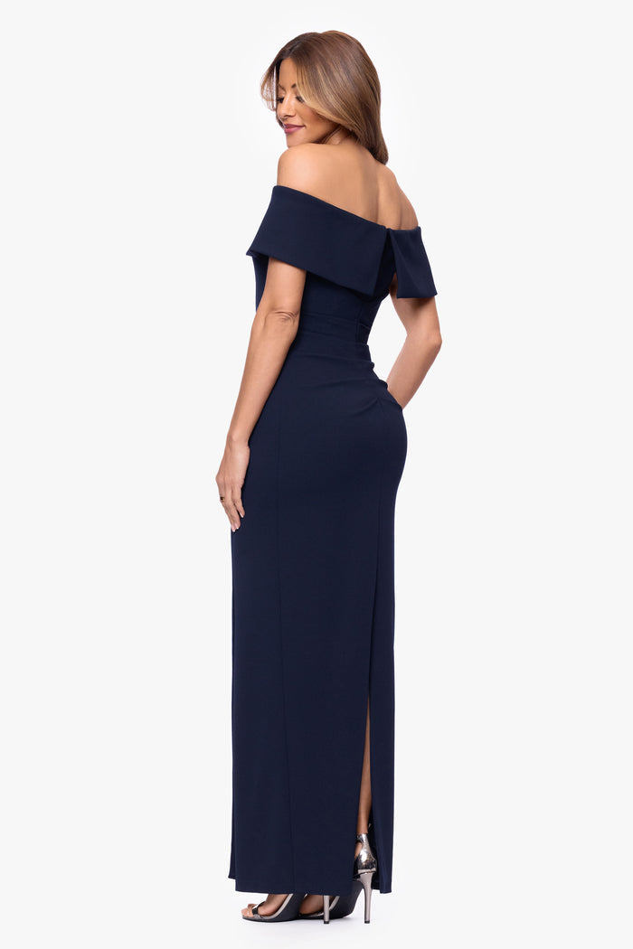Navy “Devon” Scuba Crepe Off The Shoulder Gold Detail Waist Dress, back view