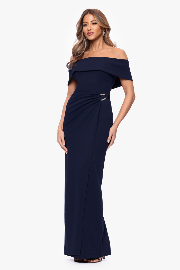 Navy “Devon” Scuba Crepe Off The Shoulder Gold Detail Waist Dress, alternate front view