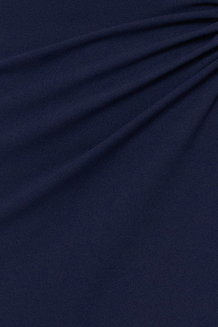 Navy “Devon” Scuba Crepe Off The Shoulder Gold Detail Waist Dress, scuba crepe fabric and ruching detail