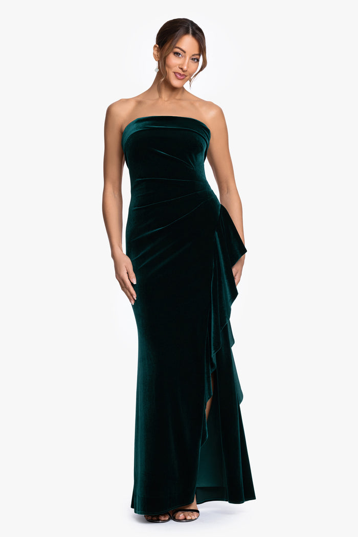 Hunter “Dillon” Stretch Velvet Strapless Dress, front view