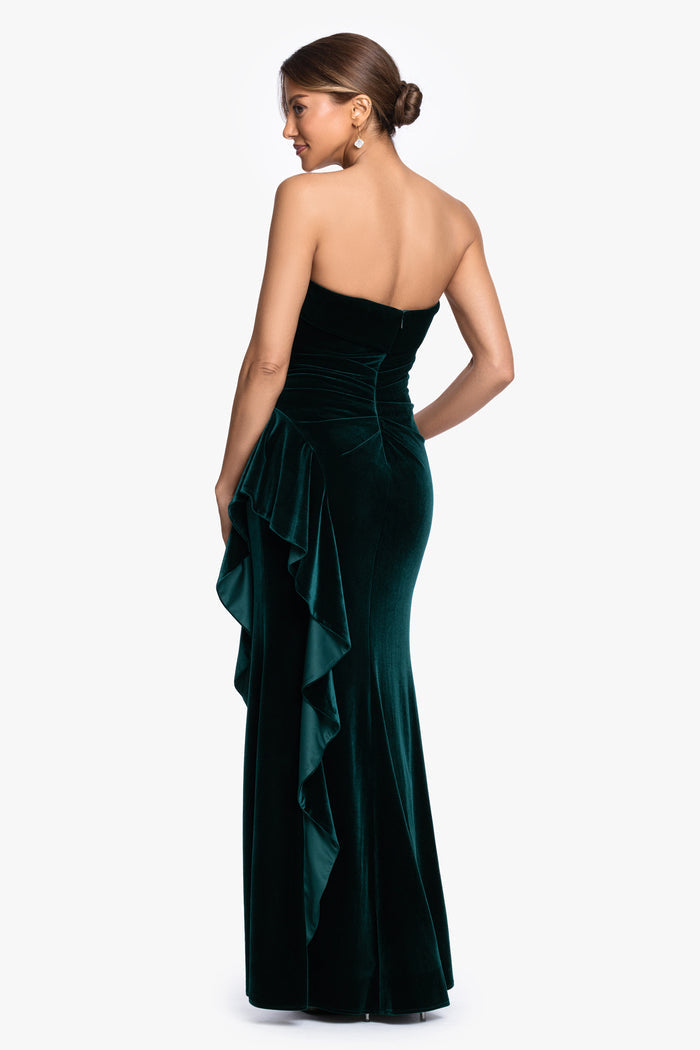 Hunter “Dillon” Stretch Velvet Strapless Dress, back view