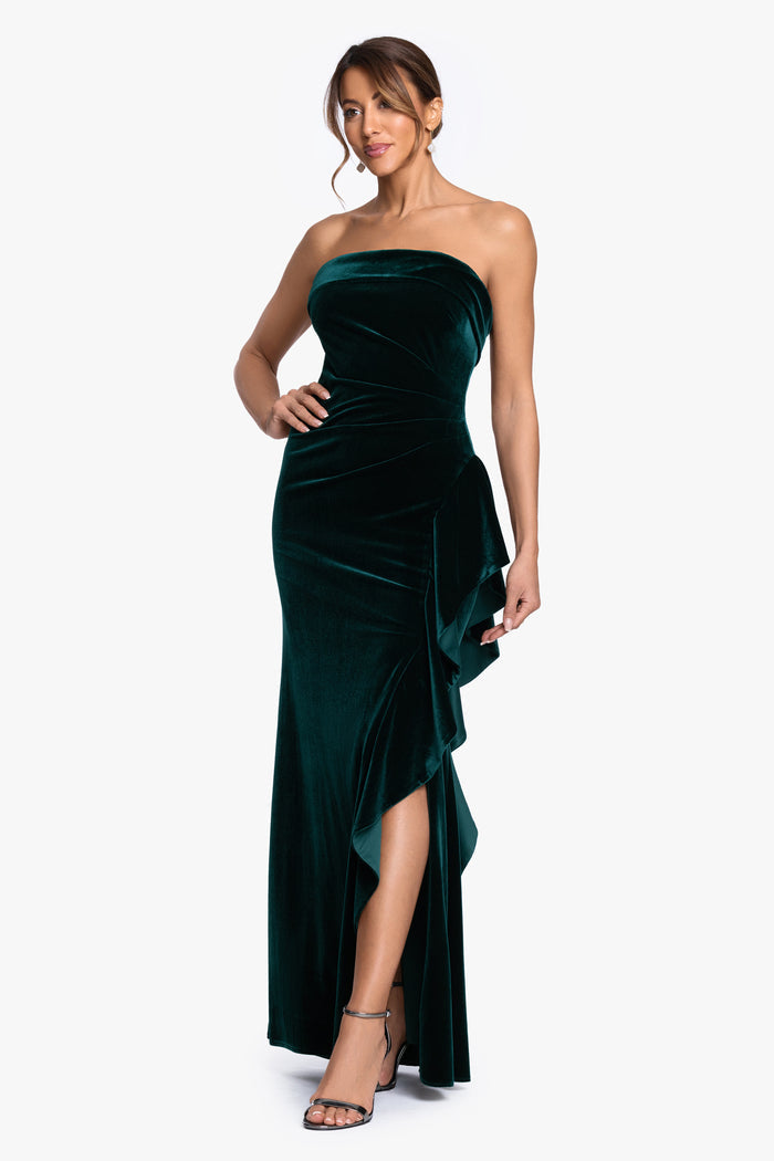 Hunter “Dillon” Stretch Velvet Strapless Dress, angled three-quarter view