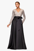 Black/Nude/Silver “Dixie” V-Neck Long Sleeve Sequin Top Waistband with Bow Gown, front view