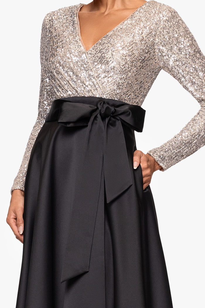 Black/Nude/Silver “Dixie” V-Neck Long Sleeve Sequin Top Waistband with Bow Gown, V-neck sequin bodice and satin bow waistband detail