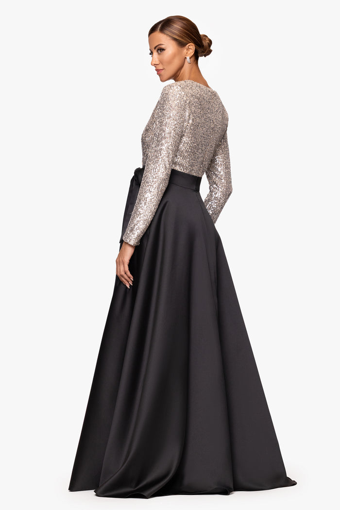 Black/Nude/Silver “Dixie” V-Neck Long Sleeve Sequin Top Waistband with Bow Gown, back view