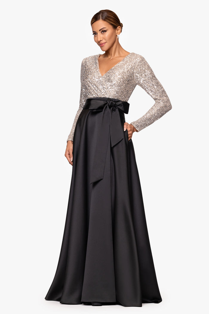 Black/Nude/Silver “Dixie” V-Neck Long Sleeve Sequin Top Waistband with Bow Gown, angled three-quarter view