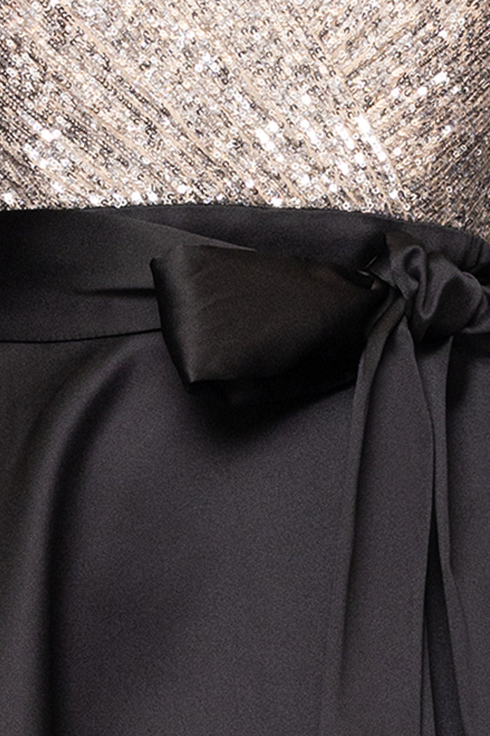Black/Nude/Silver “Dixie” V-Neck Long Sleeve Sequin Top Waistband with Bow Gown, sequin fabric and satin bow detail