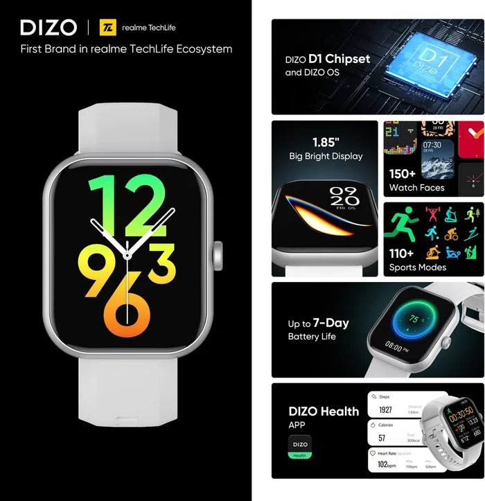DIZO WATCH D PRO WITH CALLING,D1 CHIPSET,OS,1.85 INCH DISPLAY (Grey Strap, Regular)