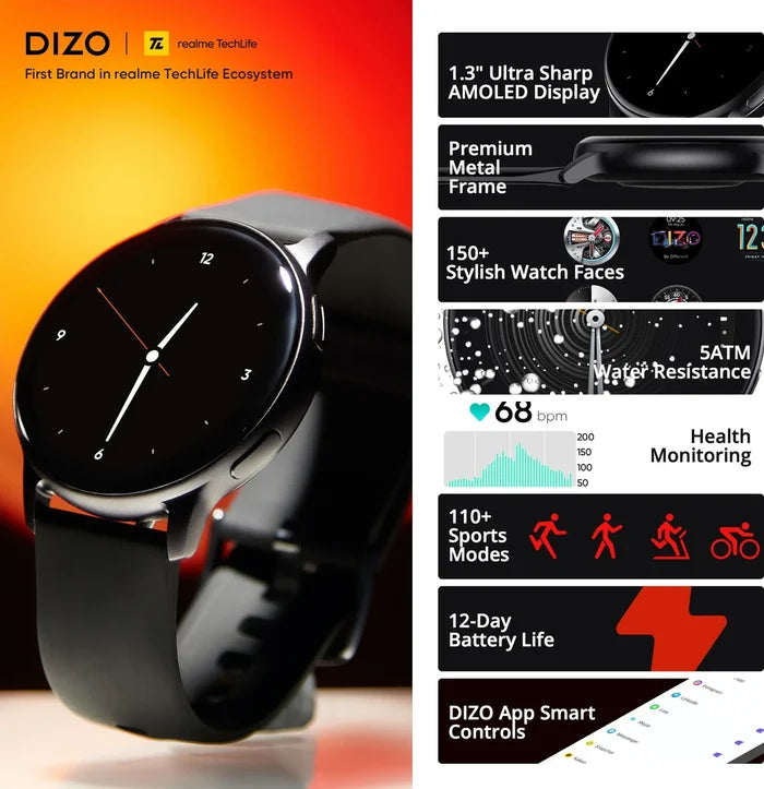 DIZO Watch R AMOLED with 45 mm Dial Size (Matte Black Strap, Free Size)